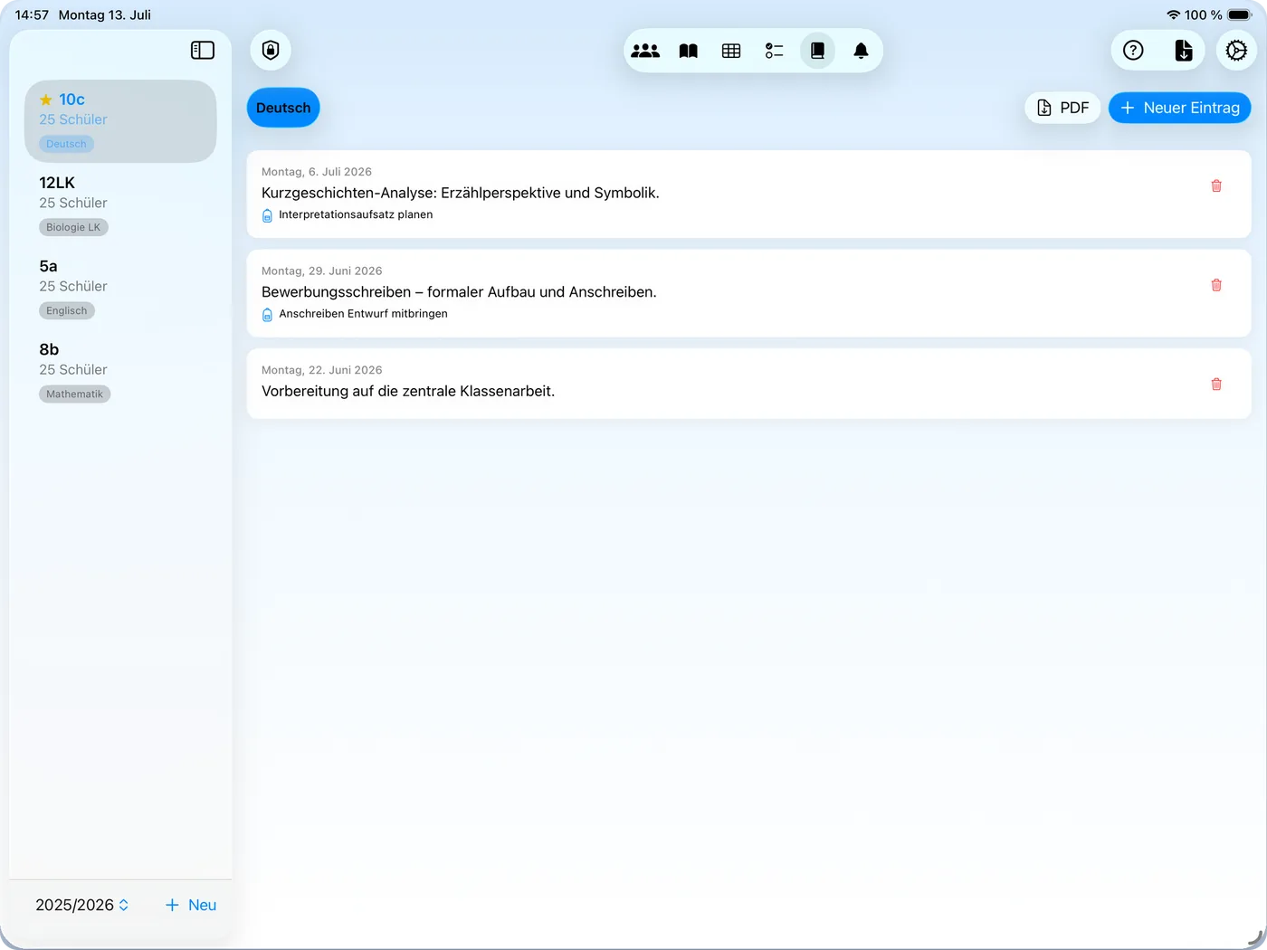 Klassenbuch in NotenPilot mit Stundeninhalten und Hausaufgaben je Datum und PDF-Export