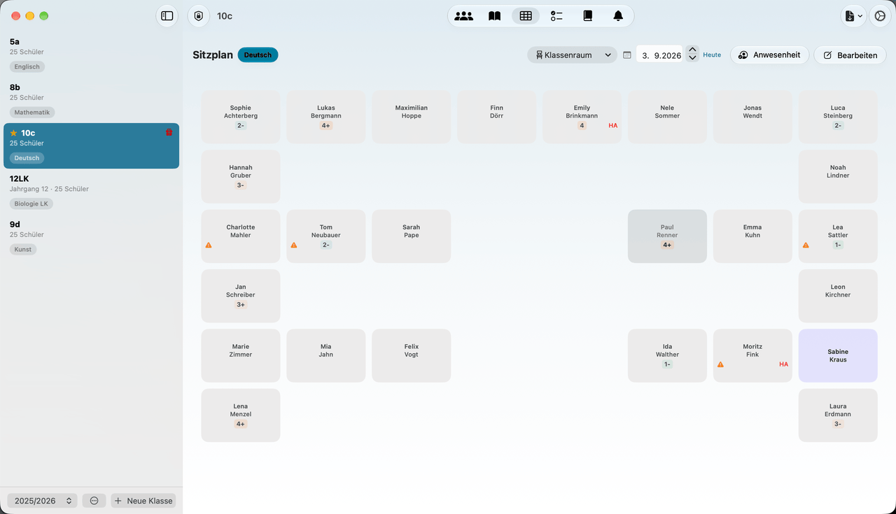 NotenPilot Sitzplan auf dem Mac mit Raumauswahl, Datum und Anwesenheit